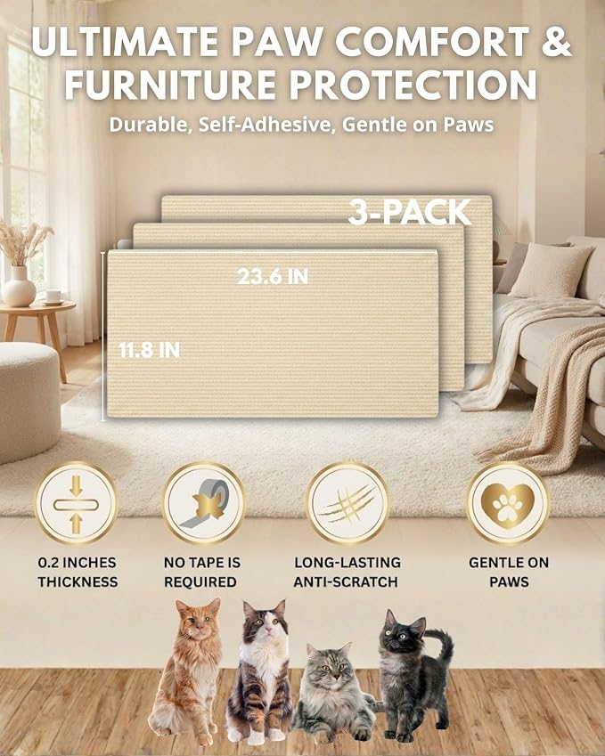 Corner & Wall Cat Scratch Mat, Self-Adhesive Trimmable Cat Scratcher, Wall Mounted Scratching Pad for Indoor Cats, Sofa Furniture Protector, Cat Post Cover Replacement (Beige, 23.6''x11.8'', 3-Pack) - Image 6