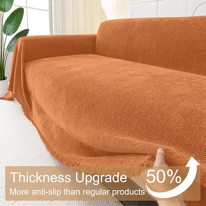 Smiry Couch Cover for Dogs, Chenille Sofa Covers for 3 Cushion Couch | Washable Soft Sofa Slipcover for Pets, Thick Sectional Furniture Protector with Tassels (Orange, 88.5x118 Inch) - Image 4