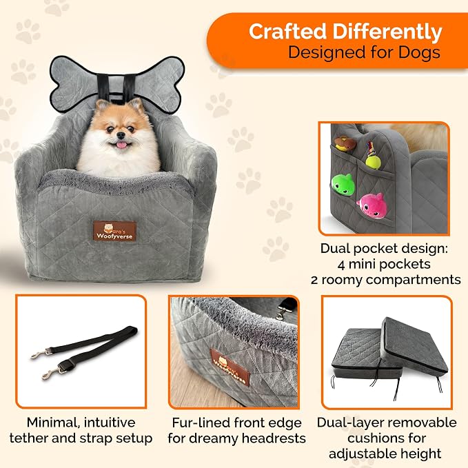 Yara’s Woofyverse Dog Car Booster Seat, Small & Medium Dogs, Stone Shadow | Fur-Lined Headrest, Adjustable Cushions, 6-Pocket Storage, Machine-Washable Cover, Portable Pet Car Seat Front/Back Travel - Image 3