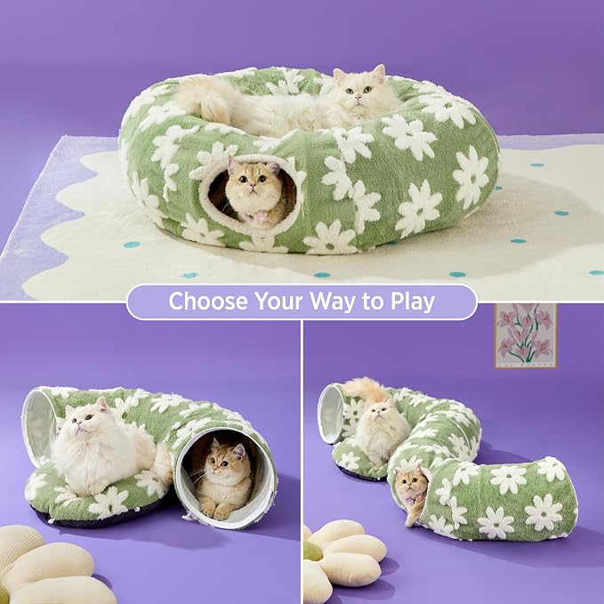 Lesure Donut Cute Jacquard Cat Tunnel Bed Kitten Toys for Puppy Bunny | 33.5x33.5x10in,Round Cat Bed Tube for Indoor Cats Rabbit Dog,Pet Peekaboo Cave Toy,Spiral Hideaway,Washable Cushion,Green - Image 2