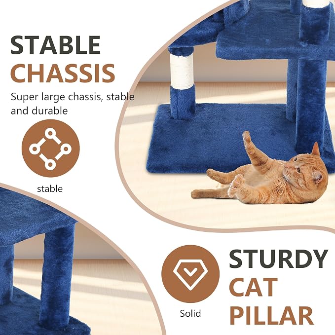 FDW | 36" Cat Tree Tower | Navy Blue | Multi-Level Indoor Activity Center with Sisal Scratching Posts, Condos, Plush Perches, Hanging Cat Toys | Sturdy, Easy to Assemble | for Kittens & Adult Cats - Image 6