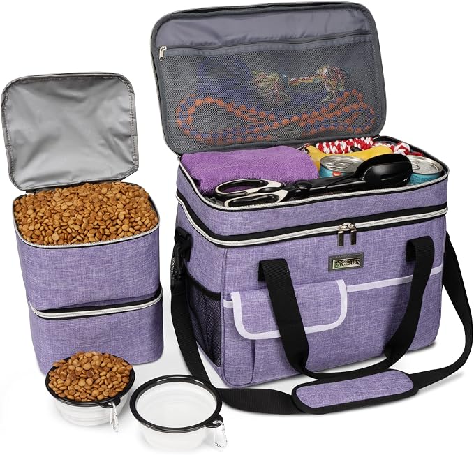 BAGLHER Dog Travel Bag for Supplies - Double-Layer Airline Approved Weekend Pet Travel Organizer Set for Dog and Cat Tote with 2 Pet Food Containers and 2 Collapsible Silicone Bowls Purple by BAGLHER