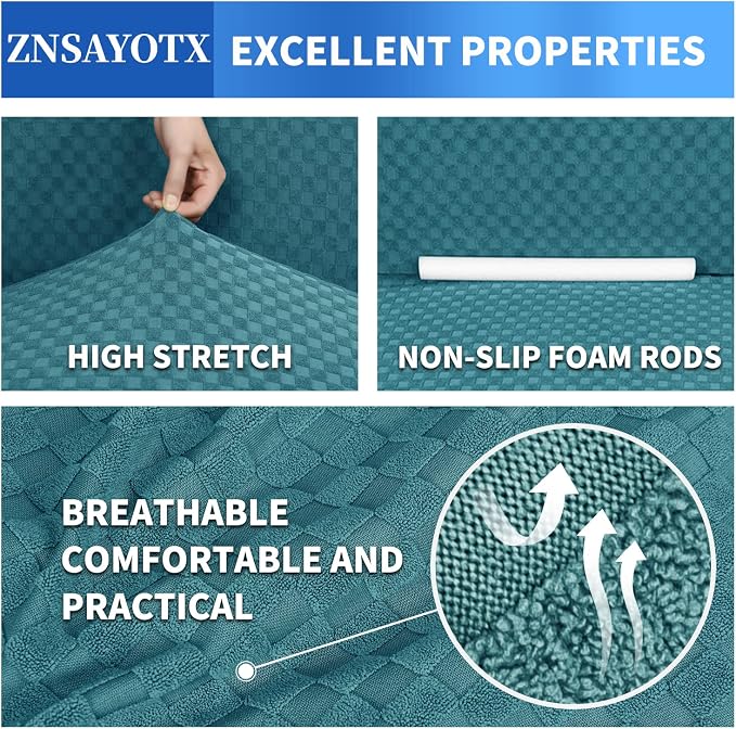 ZNSAYOTX 1 Piece Jacquard Couch Covers for 2 Cushion Couch High Stretch Loveseat Slipcover for Pets Dogs Anti Slip Love Seat Sofa Slipcover Furniture Protector (Loveseat, Peacock Blue) - Image 4