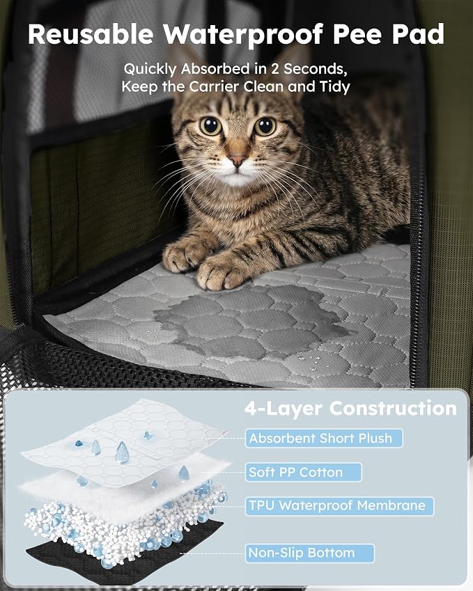Pecute Cat Carrier,Top Expandable Dog Crate for Travel, Green | 5mm Anti-Collapse Steel Frame, Soft Mesh, Vet Visits, Foldable Travel Crate,Outdoor Hammock, Leakproof Pee Pad & Bowl - Image 7