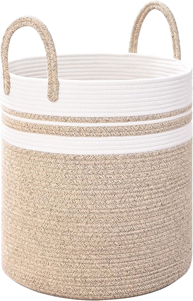 Laundry Hamper for Organizing, 52L Large Laundry Baskets, Cotton Rope Woven Blanket Basket, Collapsible Laundry Hamper for Living Room, Nursery, 15"×18", Jute by Degeyoyo