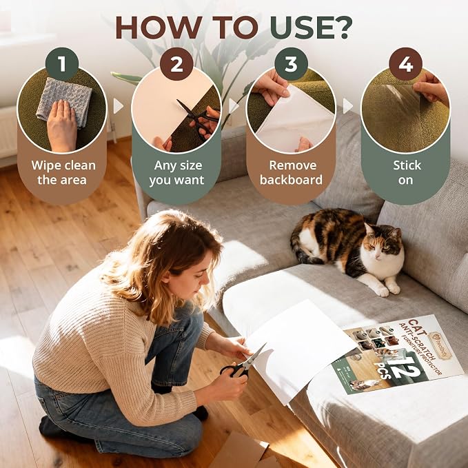 Cat Scratch Furniture Protector, 12 Pack Self Adhesive Tape, Heavy Duty Flexible Corner Guards for Couch, Sofa, Doors, Walls, Chairs, Armrests, No Residue, No Pins, Cat Scratch Protection Kit - Image 6