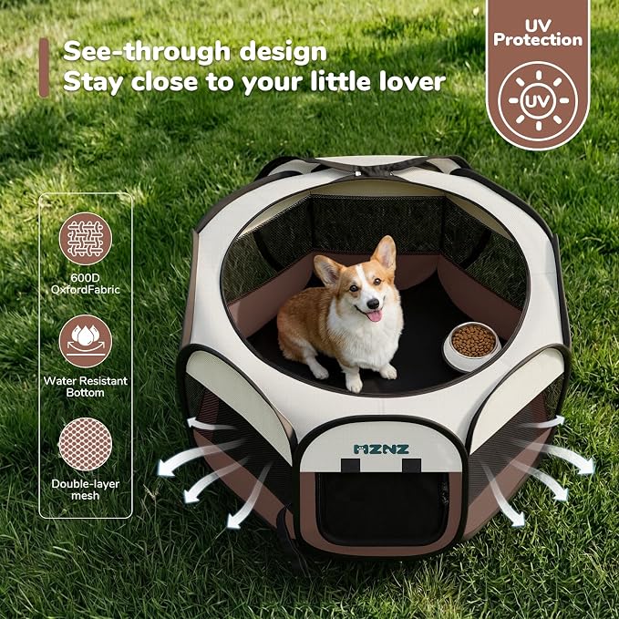 Dog Cat Small Animal Puppy Playpen Crate, Medium, Brown | Portable Pop Up Pet Cage Enclosure Tent Kennel Indoor Outdoor with Carrying Case, No Assembly, Camping Use - Image 6