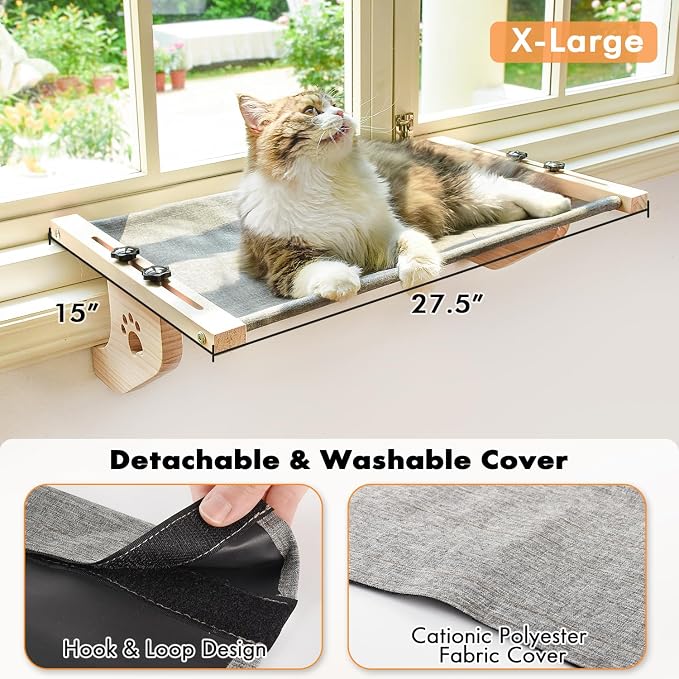AMOSIJOY Cat Windowsill Perch with Wood & Metal Frame for Large Cat, 27.5in | Solid Wood Frame, Easy to Adjust, Washable Berber Fleece Cover, No Suction Cups Cat Window Seat for Windowsill, Bedside - Image 2