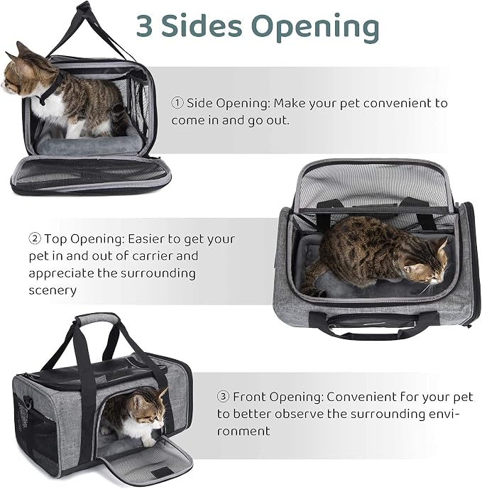 Wakytu TSA & Airline Approved Soft Pet Carrier for Cats/Dogs,17.7x11x8.3 | 3 entrances & 5 vents, waterproof rip-stop, anti-escape locks, padded strap,plane underseat,cat dog carrier - Image 8