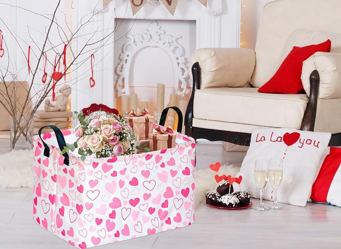 MAIZMZ Girls Gift Basket Heart Print Storage Cube for Women, Closet Shelf Organizer Bins Empty Gift Basket with Handles Nursery hamper Kids Toys Books Box Room Deco - Image 2