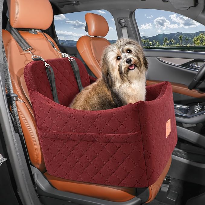 Dog Booster Car Seat for Dogs up to 35lbs, Safety Pet Car Seats with Anti-Slip Bottom, Travel Booster Dog Bed with 2 Storage Pockets (Wine Red, Medium) - Image 6