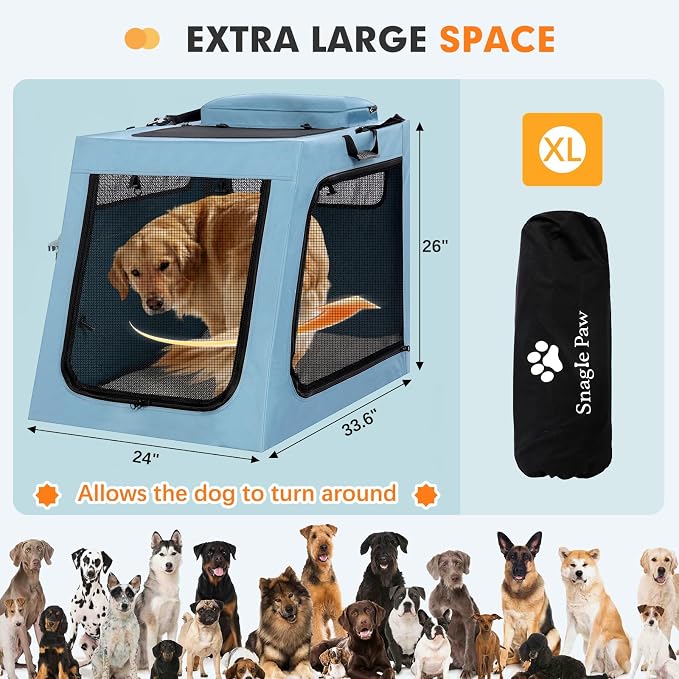 Snagle Paw Portable Dog Crate for Car Travel, Collapsible Large Dog Travel Crate with Metal Frame & 3-Door Mesh Windows, Secures in Trunk/Backseat, Soft-Sided Kennel Carrier for Medium Large Dogs-XL - Image 3