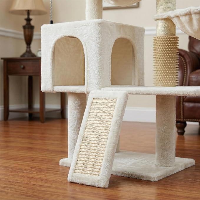 Smouatou Cat Tree with Cat Condo and Two Hammocks, Cat Tower with Scratching Posts and Scratching Pads Cat Toys, Beige - Image 6