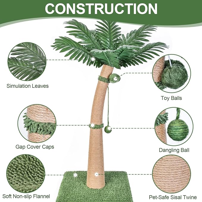 40'' Tall Cat Scratching Post Cat Tree, Curved Design Cat Scratcher Post with 3 Interactive Balls, Natural Sisal Rope Cat Scratching Posts for Indoor Cats Adults Kittens, Multi-Combinable (Style A) - Image 2