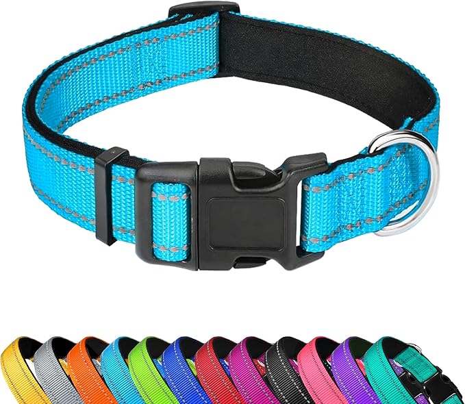 Reflective Dog Collar, Adjustable Soft Neoprene Padded,Sky Blue,L | Breathable Nylon for Large Dogs,Tear-Resistant Webbing,Chafe‑Free on Walks and Hikes,Metal D-Ring,Night Safety by PWOD