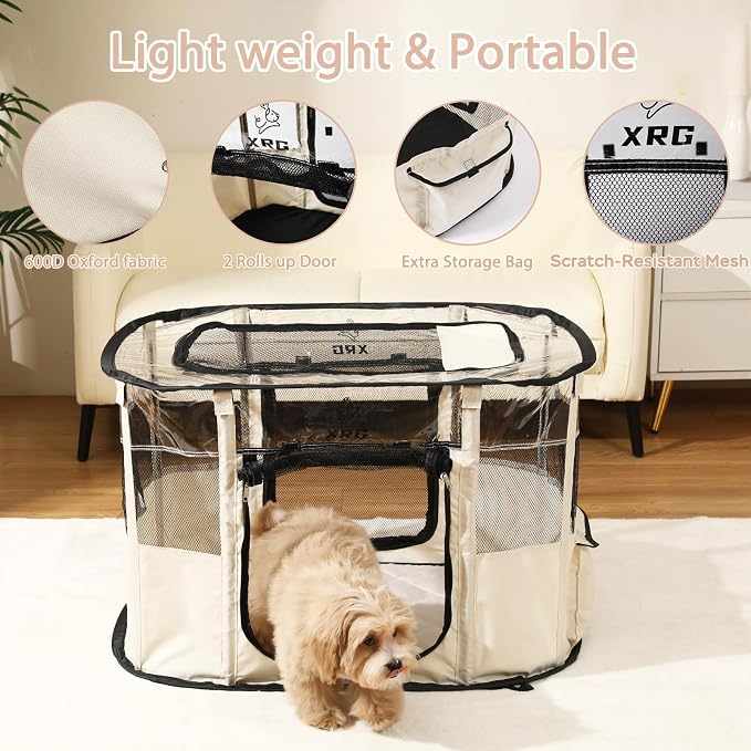 XRG Foldable Dog Playpen with pad，Indoor Cat Kennel L(35.4"x27.6"x23.6") | Portable Dog Crates with Upgrade Breathable Mesh，Sturdy Cat cage Indoor & Outdoor for Rabbit or Small Animals,Beige - Image 5