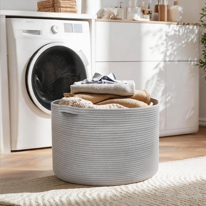 MEGASKET 115L Super Large Gray Blanket Basket, 23.6"x15.7" Woven Cotton Rope Storage Basket for Laundry, Towel, Pillow, Oversized Kids Dog Toy Storage Bin, Grey XXXL Blanket Holder for Living Room - Image 7