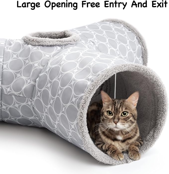 Tempcore Cat Tunnel for Indoor Cats Fleece-Lined in for Warmth, 3 Way Collapsible Pet Play Tunnel with Teaser Wand, Peek Holes & Hanging Ball, Interactive Tube for Kittens & Rabbits, Geometry Grey - Image 4