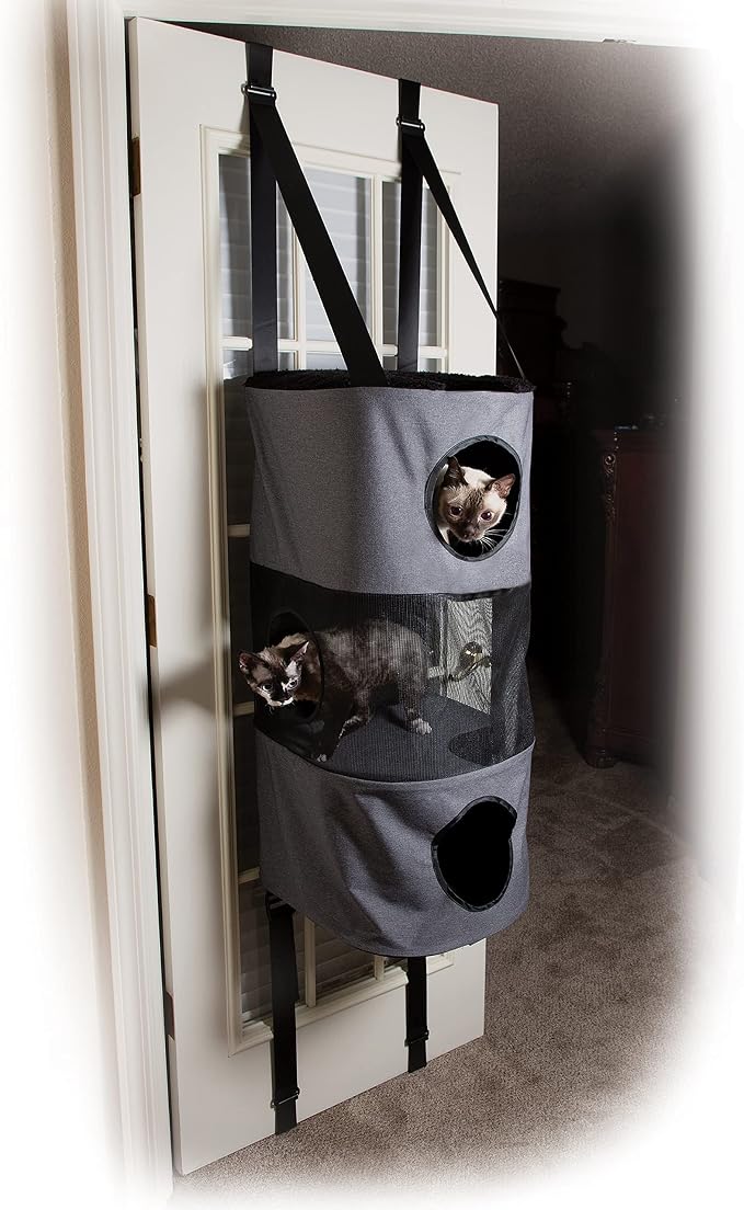 K&H Door Cat Tree, Hangin Condo 3 Level Mounted - Gray, Fits Doors <80in H | Cat Furniture, Space Saving, Mesh Level, Peep Holes, Interconnecting Levels, Collapsible, Tool-Free Assembly, Gray by KHPetProducts