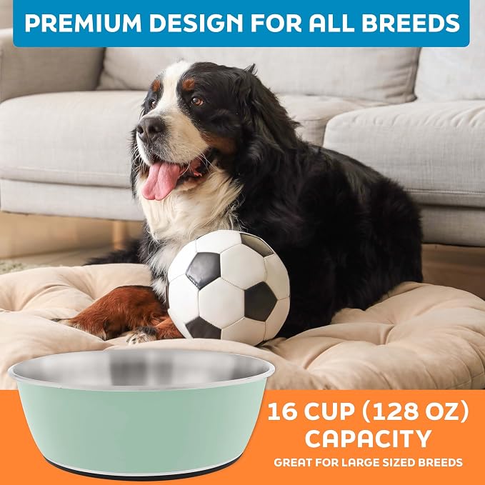 Master Pet Supply Stainless Steel Dog Bowls Set of 2 - Pistachio, 128 Oz | Non-Slip Rubber Base, Basic Dog Food Bowl Water & Food Bowls for Small, Medium, Large Dogs & Cats Metal Dish - Image 7