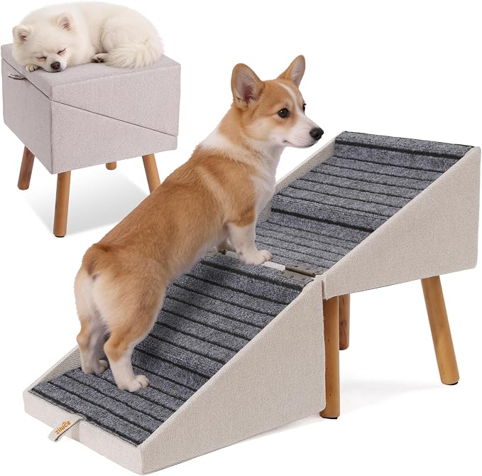 Dog Stairs for Small Dogs, 2-in-1 Foldable Pet Ramp and Ottoman, 17.13" H | Non-slip carpeted steps, solid wood support, gentle incline for couches, and a foldable ottoman design for compact storage. by Ziluce