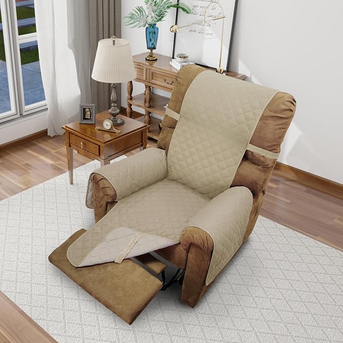 Reversible Chair Covers for Recliner Oversized, Sand/Beige | Recliner Oversized Covers for Living Room with Elastic Straps, Water Repellent, Chair Protectors Covers for Dogs by LuxshareHome