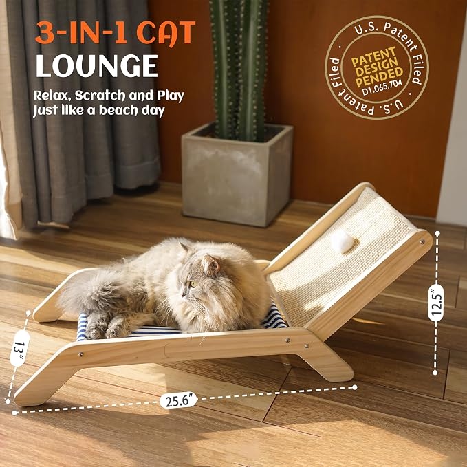 PETKARAY Beach Chair Cat Hammock, Elevated Cat Beds for Indoor Cats, Original Cozy Lounger with Sisal Scratcher and Toy Ball - Image 3
