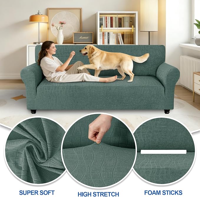 MAXIJIN Waterproof Couch Cover for 3 Cushion Couch, 1 Piece Stretch Sofa Covers Slipcovers with Non-Slip Elastic Bottom, Washable Furniture Protector for Dogs Pets (Large, Pea Green) - Image 2