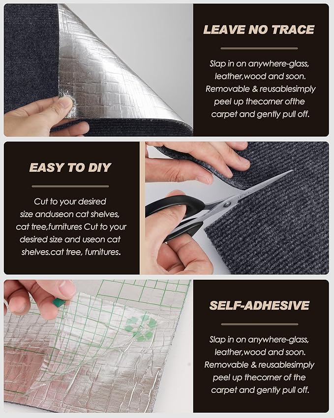 Cat Scratch Furniture Protector, Trimmable Self-Adhesive Carpet, DIY Climb Cat Scratcher Mat for Covering Cat Tower and Couch Protector from Cat Claws (78.7x15.8in Dark Gray) - Image 5