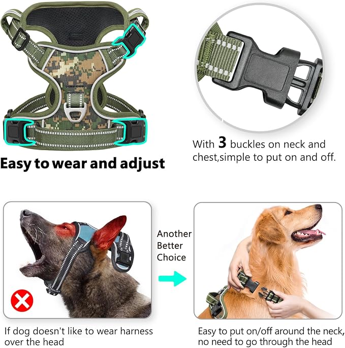 Timos Small Dog Harness, No Pull No Choke, Easy On & Off, Military Green, S | Adjustable Reflective Soft Padded, Neck Quick Release with 3 Buckles, Front & Back 2 Clips and Handle for Walking Training - Image 3