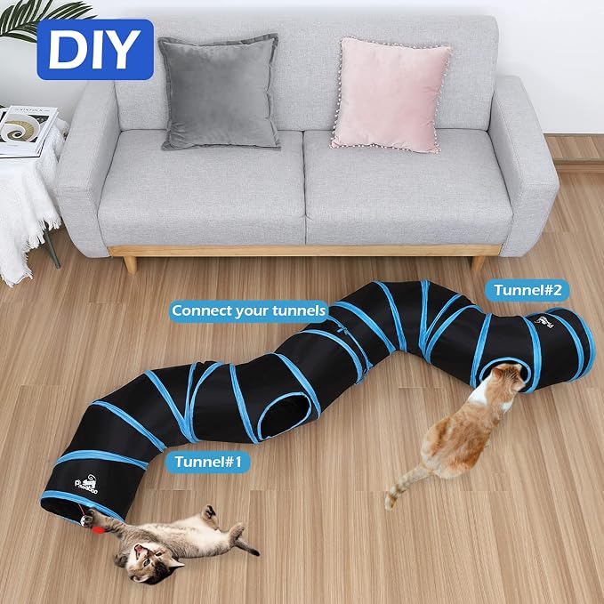 Pawaboo Cat Tunnel Tube S-Shaped, 25x97cm, Blue | Extensible Collapsible, Interactive Toy Maze, With Balls and Bells, For Kitten Kitty Rabbit Small Animal - Image 3