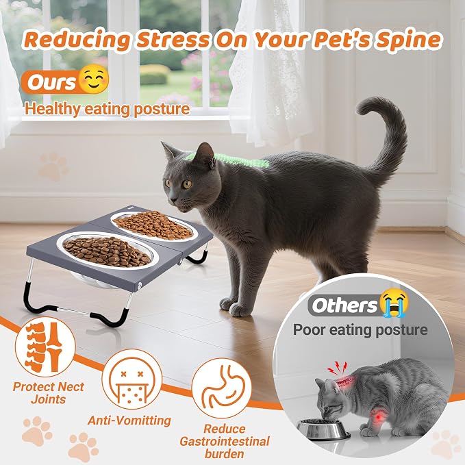 Upgraded Raised Cat Bowls,Elevated Bowls for Indoor Cats with Height Stand,Non-Slip Stainless Steel Cats Bowl,10° Tilted Cat Food Bowls (Grey Collapse, 1Pack) - Image 3
