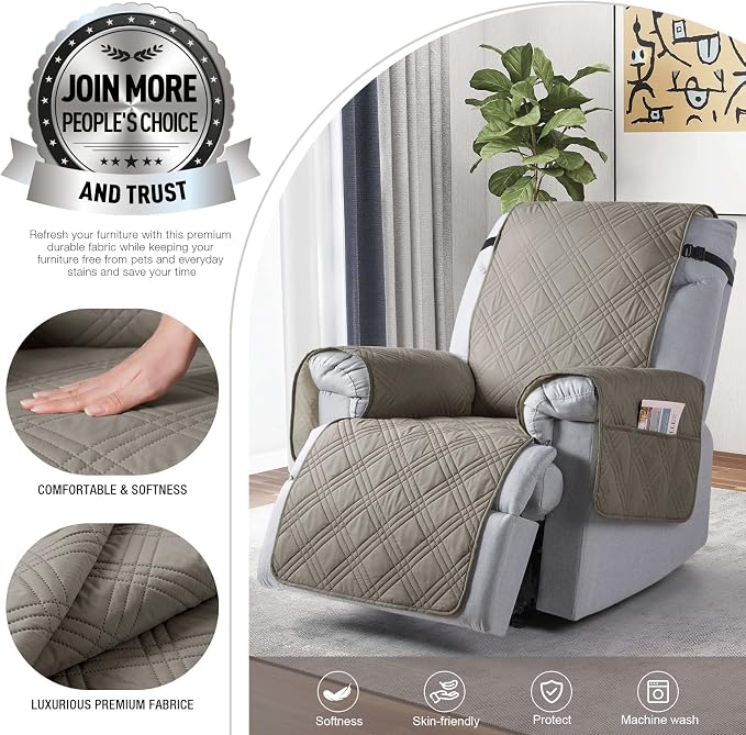 TAOCOCO 100% Waterproof Recliner Chair Cover, Non Slip Recliner Covers for Recliner Chair with Pocket, Washable Reclining Chair Cover Furniture Protector for Kids, Pets(Recliner Chair, Light Brown) - Image 2