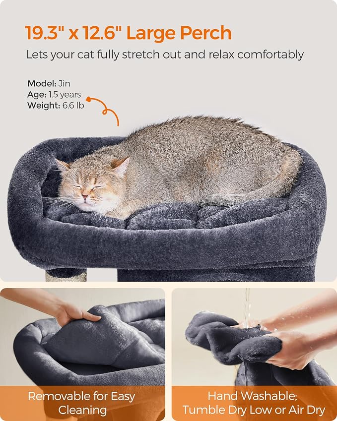 Feandrea Cat Tree, 29.1-Inch Cat Tower, Plush Condo for Medium Cats up to 11 lb, Large Perch, 2 Caves, Scratching Post, Smoky Gray UPCT612G01 - Image 3