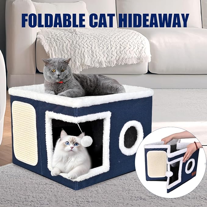 Cat Beds for Indoor Cats, Large Cat Cave Bed with Scratch Pad and Fluffy Ball, Foldable Cat Hideaway, Cat House with Reversible Cushion for Multi Small Pet Up to 30LBS, Blue - Image 5