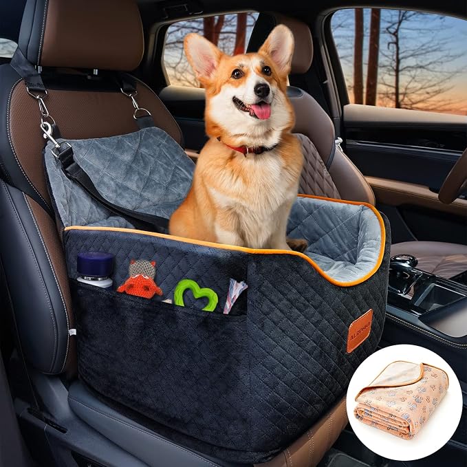 AlfaTok Memory Foam Booster Dog Car Seat with Washable Removable Cover, Elevated Pet Car Seat, Anti-Slip Sturdy Booster Seats for Small Dogs 35lbs, Seat Belt, Storage Pocket, Dog Blankets by AlfaTok