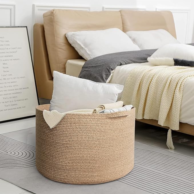 MEGASKET Extra Large Storage Basket, 22”x14” Woven Cotton Rope Basket, Big Kids Dog Floor Toy Bin, XXL Blanket Pillow Holder for Living Room Bedroom, Brown Variegated Round Baskets for Organizing - Image 6