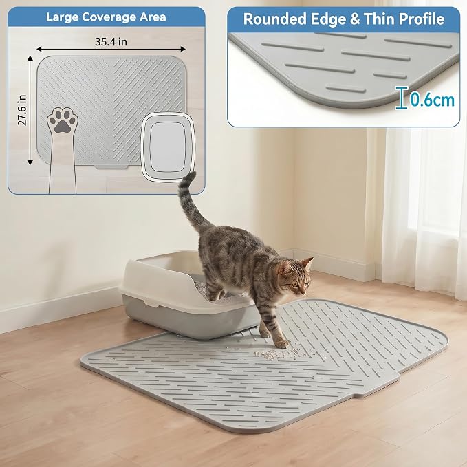 Extra Large Cat Litter Mat 35.5x26.7in Waterproof Silicone Litter Box Mat | Large coverage catches scattered litter, keeps floors clean, soft paw-friendly surface and quick cleanup for daily use - Image 4