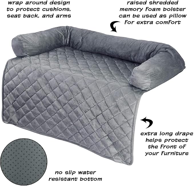 Couch Cover for Dogs - 35x35 Pet Furniture Protector with Memory Foam Neck Bolster, Quilted Fabric, and Water-Resistant Base Layer by PETMAKER (Gray) - Image 4