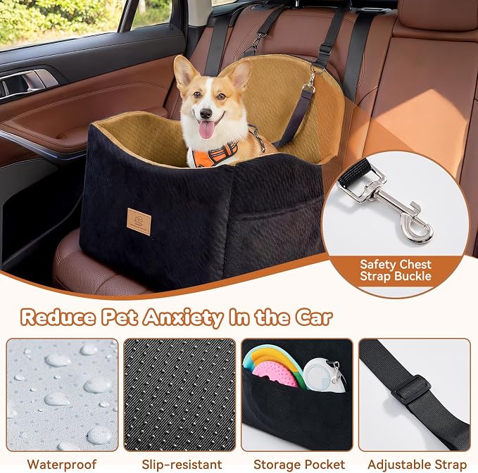 Dog Car Seat for Medium/Small Dogs, Dog Booster Car Seat, Pet Booster Seats Up to 40lbs with Waterproof Layer, 3 Storage Pockets and Safety Belt (Black/Brown) - Image 4