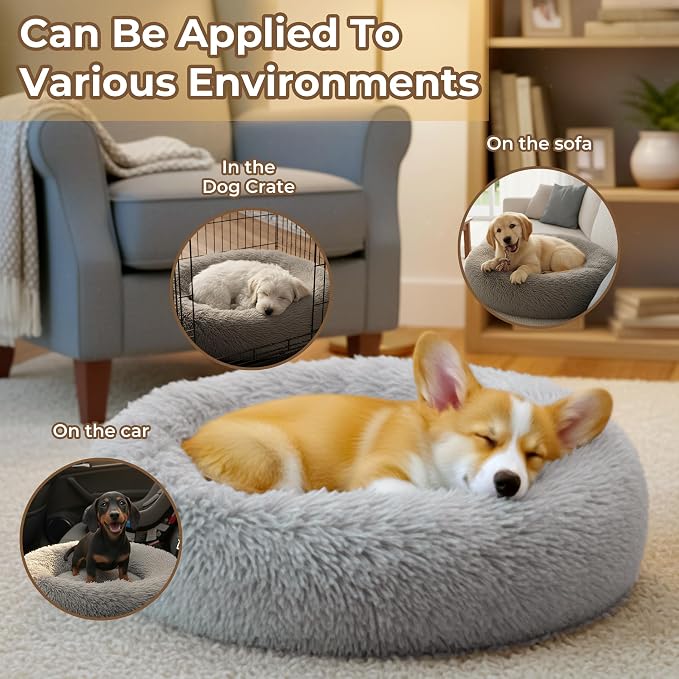 Calming Donut Dog Bed for Small Dogs, Anti-Anxiety Round Washable Plush Fluffy Faux Fur Large Cat Bed, 24 inches Fits up to 25 lbs Pets, Anti-Slip Waterproof Mute Base Gray - Image 5