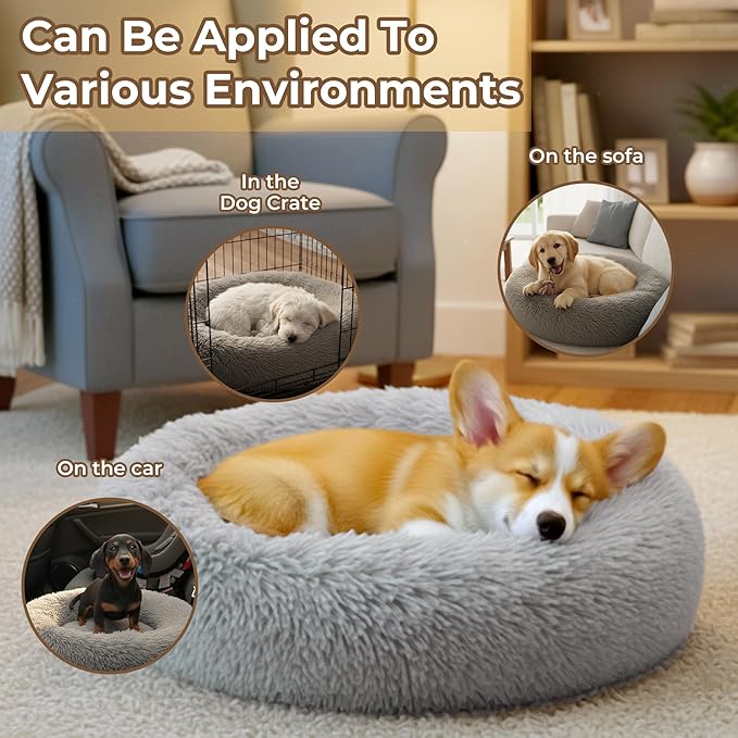 Calming Donut Dog and Cat Bed for Indoor Cats, Anti-Anxiety Round Fluffy Soft Washable Small Pet Bed for Puppy and Kitten, Warming Comfortable Luxury Anti-Slip Waterproof Mute Base 20in Gray - Image 5