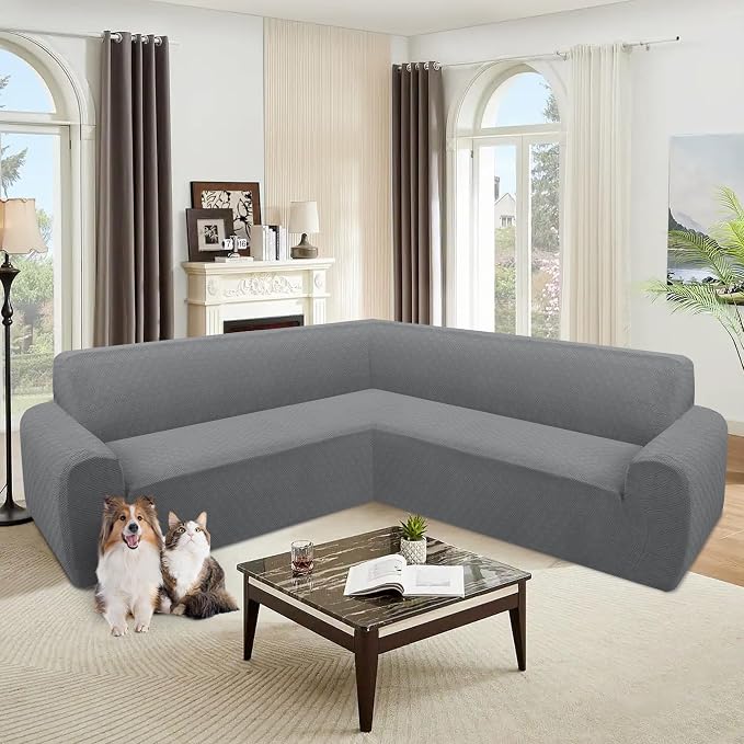 ALIECOM Corner Sectional Couch Covers Washable Sofa Cover L Shaped Couch Cover for Dogs Pets Stretch Soft Sectional Slipcovers with Non Slip Strips U Shape Furniture Protector (French Grey, Small) - Image 2
