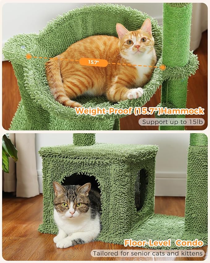 40" Cactus Cat Tree with Hammock, Condo & Sisal Post, Green | Cactus theme, Metal carpet hammock, Cozy indoor condo, Replaceable pompom toy, Sisal wrapped posts, Sturdy base - Image 5