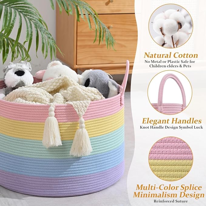 67L Large Rainbow Blanket Basket, Cotton Rope Baby Laundry Hamper with Handles, Kids Toy Basket for Classroom & Nursery, Soft Round Stuffed Animal Storage, Dog Toy Bin - 20"x13", Light Rainbow - Image 4