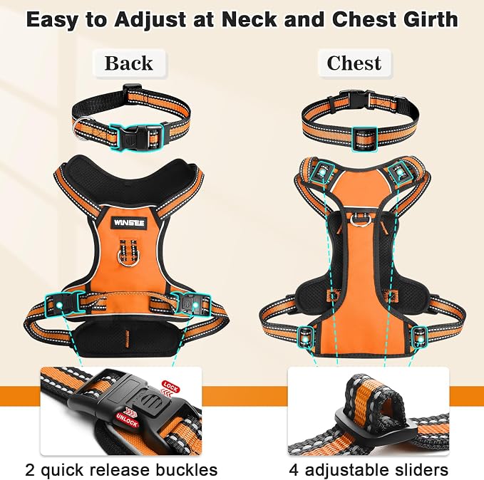 Dog Harness No Pull, Pet Harnesses with Dog Collar, Adjustable Reflective Oxford Outdoor Vest, Front/Back Leash Clips for Small, Medium, Large, Extra Large Dogs, Easy Control Handle for Walking - Image 6