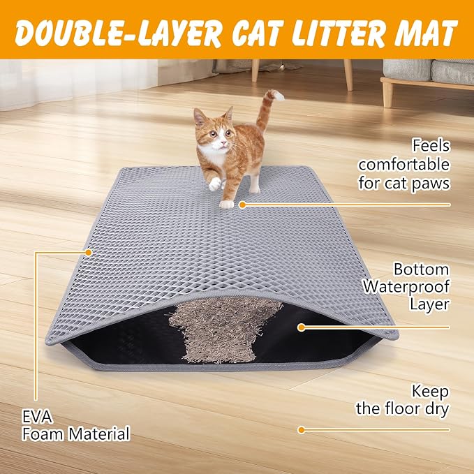 Double Layer Cat Litter Mat, Waterproof Non-Slip, 30 x 24 Inch | Honeycomb litter trapping, EVA soft on paws, urine-resistant bottom, easy shake or rinse clean - Image 4