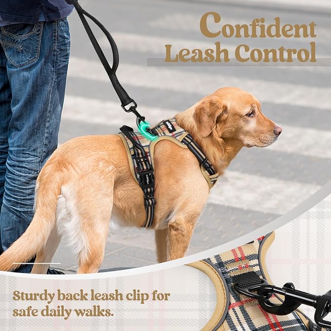 rabbitgoo Dog Harness, No Pull Medium Sized with 2 Leash Clips, Pet Vest | No Choke with Handle, Adjustable Soft Padded, Reflective, Easy Control for Walking, Beige Plaid, Medium - Image 6