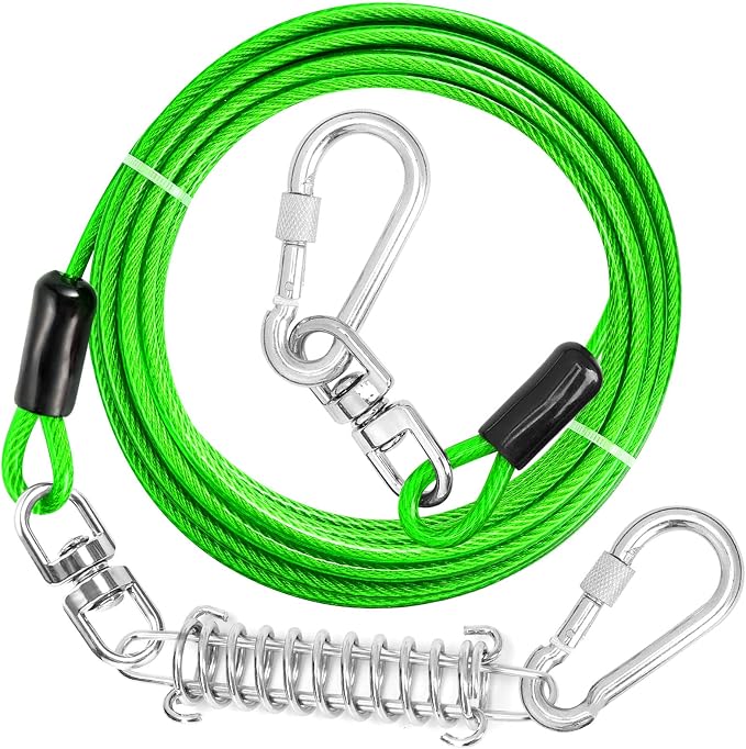 jenico Dog Tie Out Cable - 100 ft Heavy Duty Dog Lead for Yard | Outdoor Runner Cable with Swivel Hook and Shock Spring for Small Medium Large Dogs Up to 500 lbs Dog Tether for Yard Camping by jenico