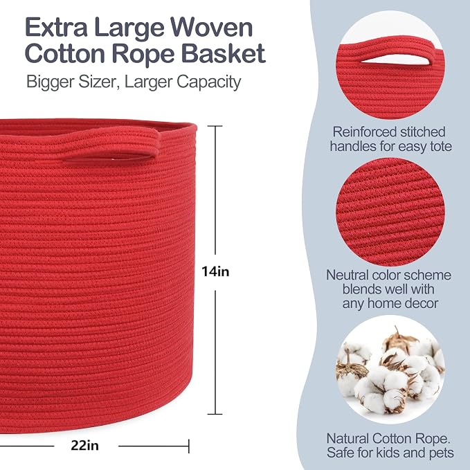 MEGASKET Extra Large Red Basket for Organizing, 22" X 22" X 14" Woven Cotton Rope Bins for Blankets, Baby Nursery Wicker Laundry Basket, Kids Dog Toy Storage Box, Big Red Living Room Decor Organizer - Image 2